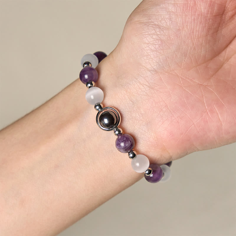 Buddha Stones Natural Amethyst White Cat's Eye Beads Balance Bracelet - image 3
