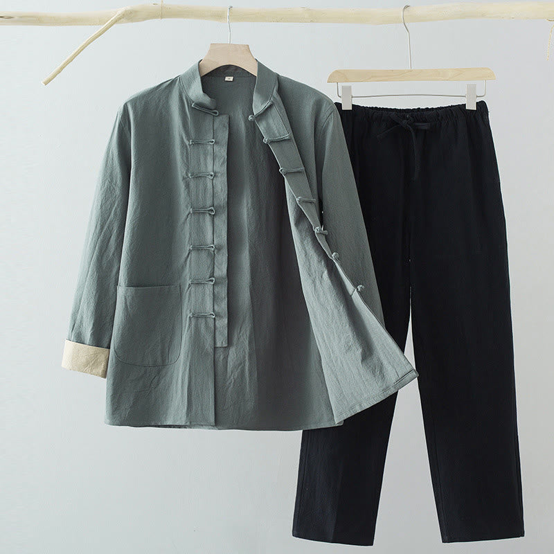 Buddha Stones 2Pcs Tang Suit Men's Frog-Button Cotton Linen Long Sleeve Shirt Pants Set With Pockets - CadetBlue Shirt+Black Pants - US/UK/AU44,EU54 (4XL) - image 0