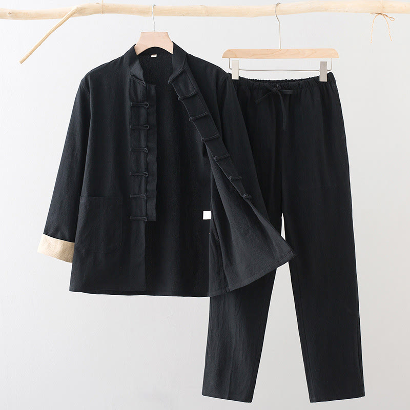 Buddha Stones 2Pcs Tang Suit Men's Frog-Button Cotton Linen Long Sleeve Shirt Pants Set With Pockets - Black - US/UK/AU44,EU54 (4XL) - image 1