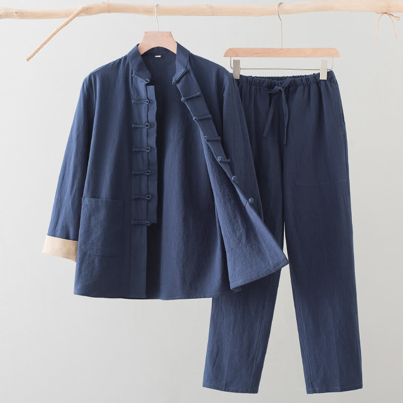 Buddha Stones 2Pcs Tang Suit Men's Frog-Button Cotton Linen Long Sleeve Shirt Pants Set With Pockets - SteelBlue - US/UK/AU44,EU54 (4XL) - image 13