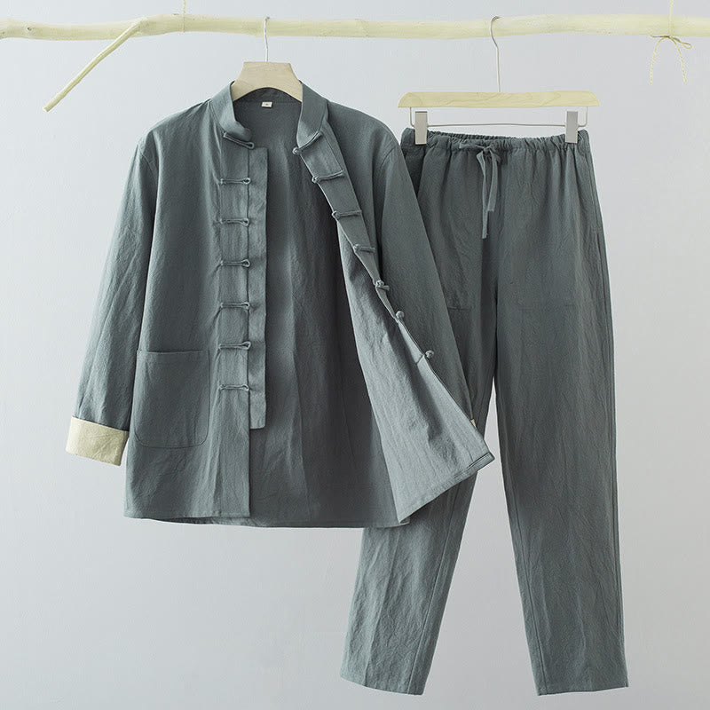 Buddha Stones 2Pcs Tang Suit Men's Frog-Button Cotton Linen Long Sleeve Shirt Pants Set With Pockets - CadetBlue - US/UK/AU44,EU54 (4XL) - image 14