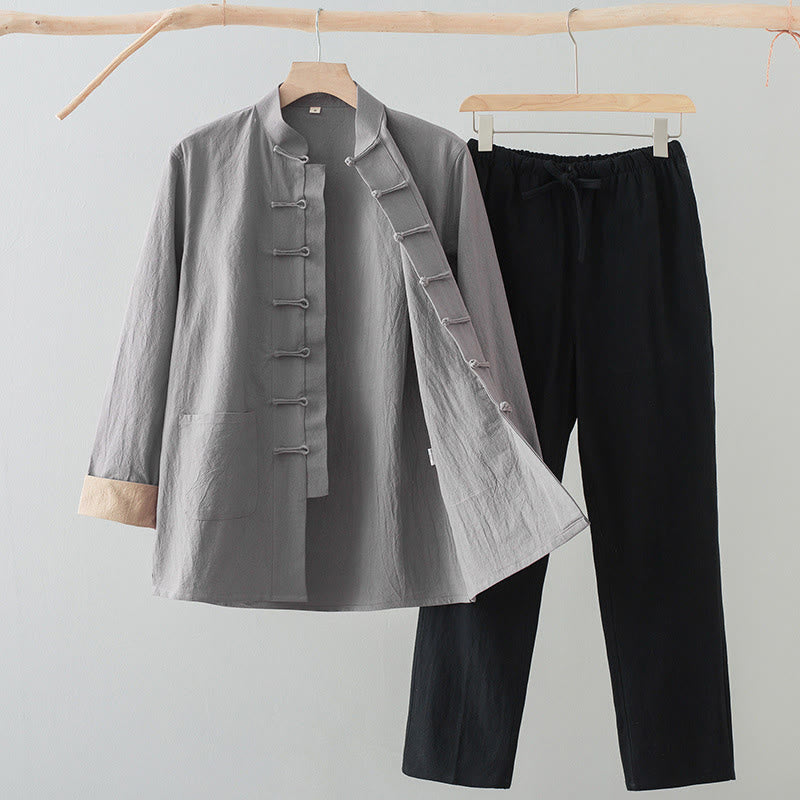 Buddha Stones 2Pcs Tang Suit Men's Frog-Button Cotton Linen Long Sleeve Shirt Pants Set With Pockets - LightGrey Shirt+Black Pants - US/UK/AU44,EU54 (4XL) - image 16
