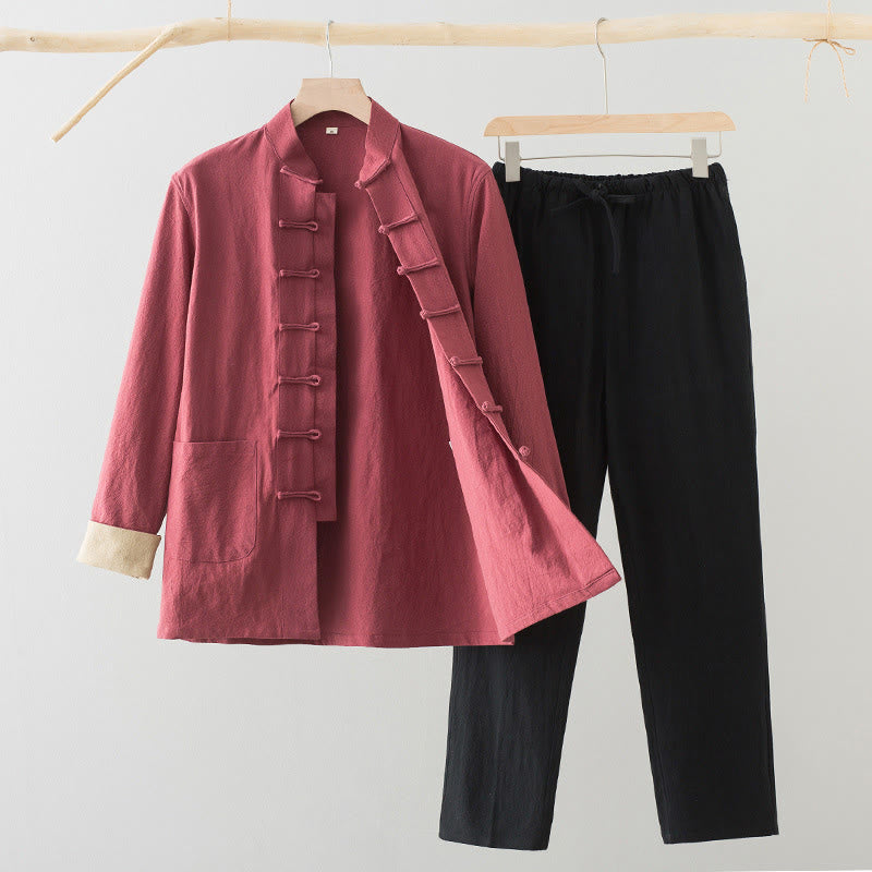 Buddha Stones 2Pcs Tang Suit Men's Frog-Button Cotton Linen Long Sleeve Shirt Pants Set With Pockets - Salmon Shirt+Black Pants - US/UK/AU44,EU54 (4XL) - image 17