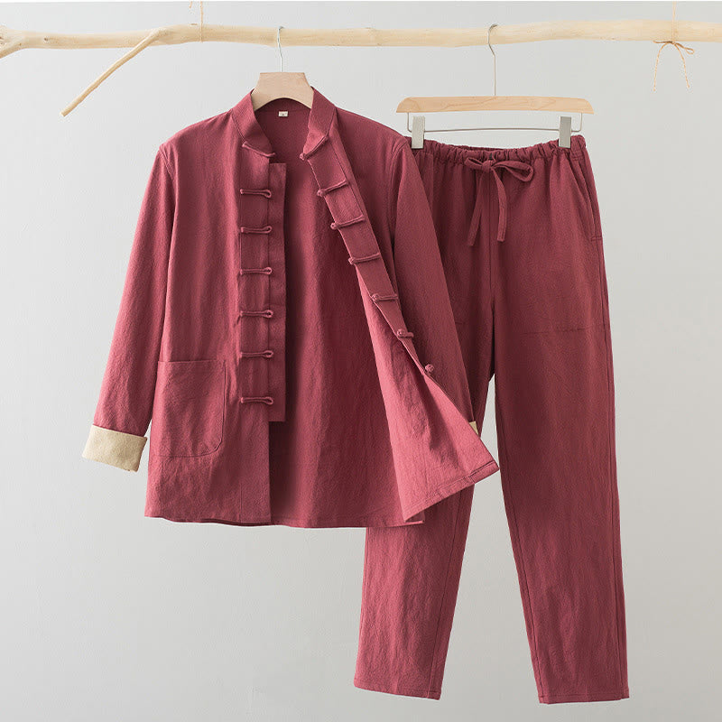 Buddha Stones 2Pcs Tang Suit Men's Frog-Button Cotton Linen Long Sleeve Shirt Pants Set With Pockets - Salmon - US/UK/AU44,EU54 (4XL) - image 18