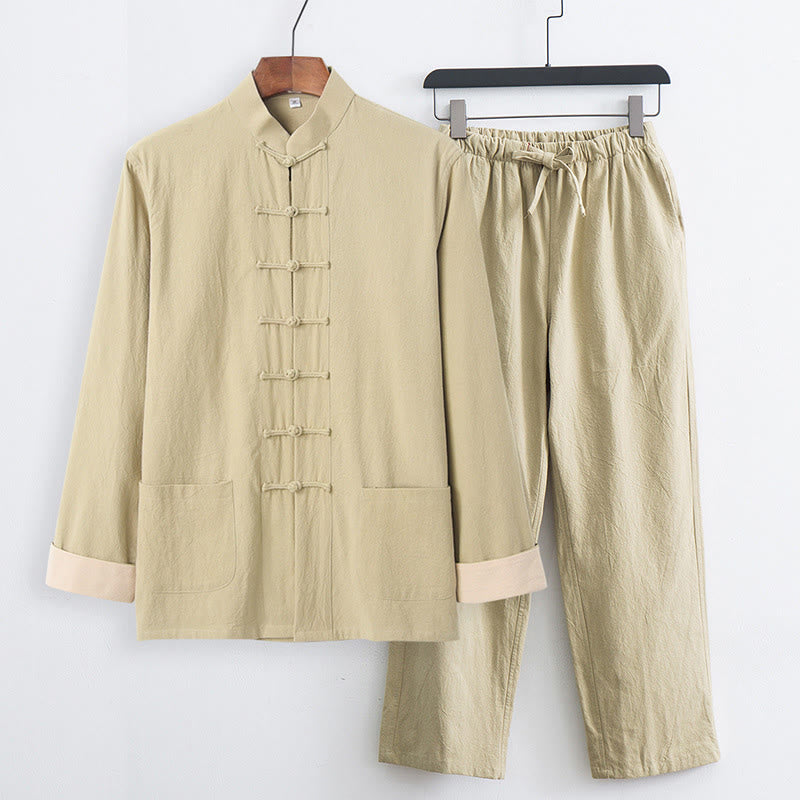 Buddha Stones 2Pcs Tang Suit Men's Frog-Button Cotton Linen Long Sleeve Shirt Pants Set With Pockets - PaleGoldenrod - US/UK/AU44,EU54 (4XL) - image 19