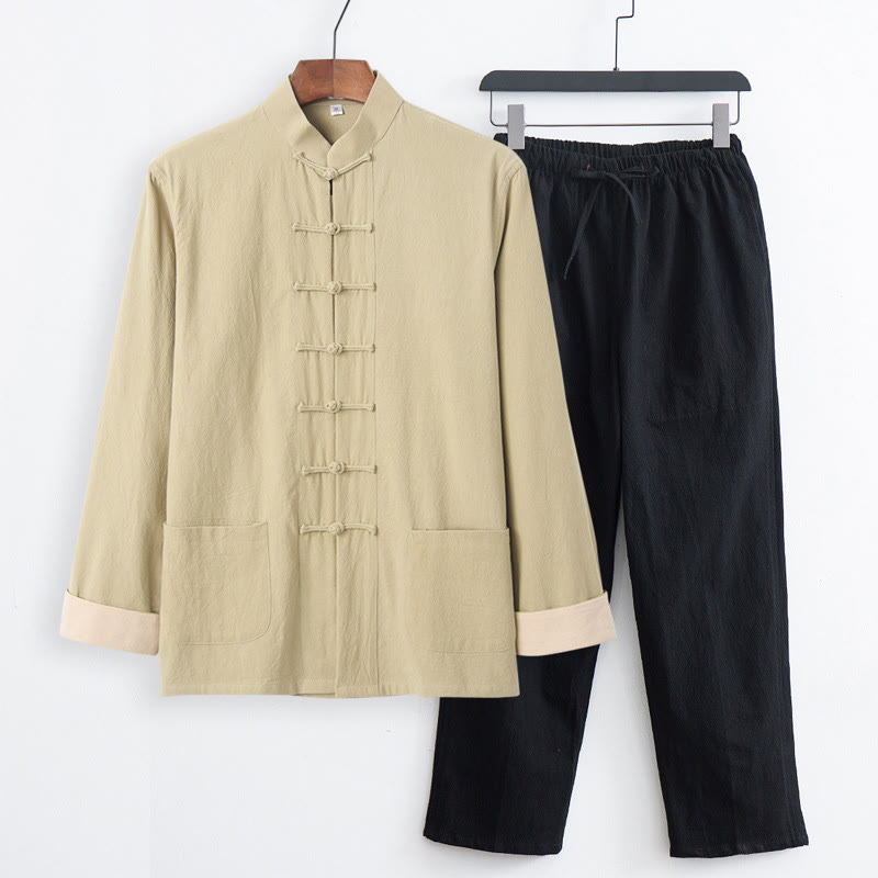 Buddha Stones 2Pcs Tang Suit Men's Frog-Button Cotton Linen Long Sleeve Shirt Pants Set With Pockets - PaleGoldenrod Shirt+Black Pants - US/UK/AU44,EU54 (4XL) - image 20