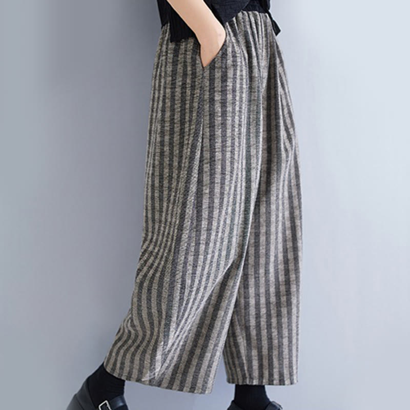Buddha Stones Casual 7-8 Length Corduroy Stripes Women's Polyester Wide Leg Pants With Pockets - image 9