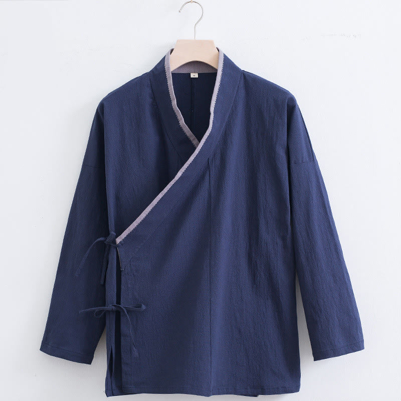 Buddha Stones Vintage Solid Long Sleeve Lace-up Design Cotton Linen Men's Shirt - SteelBlue - US/UK/AU44,EU54 (4XL) - image 10