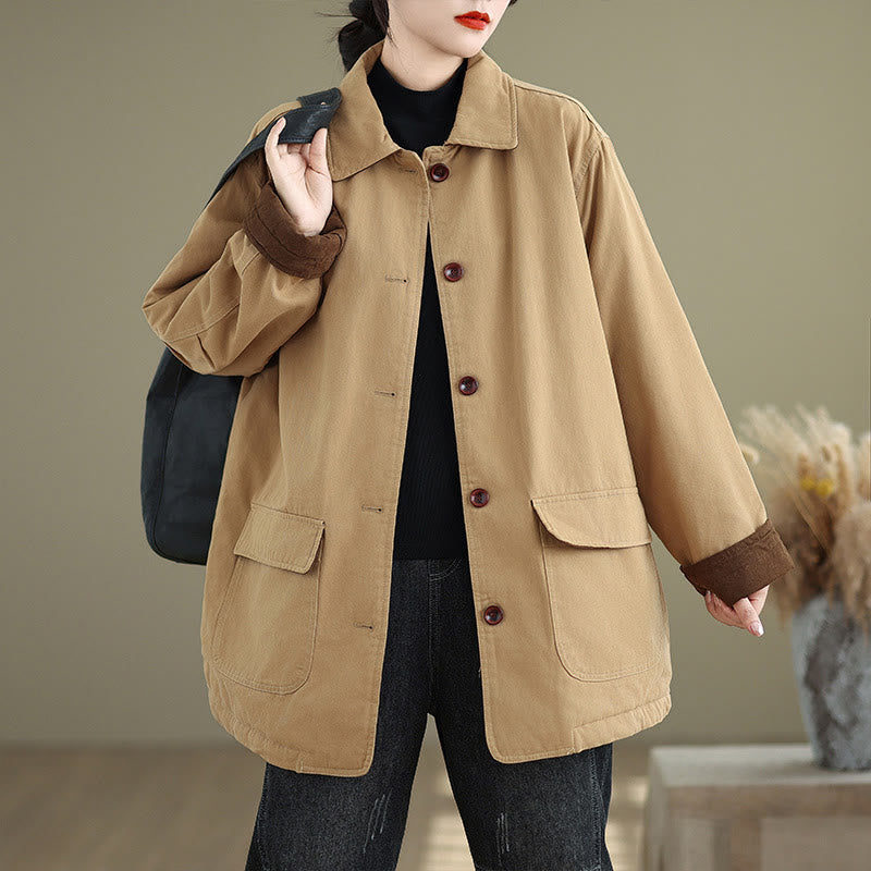 Buddha Stones Plain Lapel Buttons Design Women's Long Sleeve Quilted Cotton Jacket With Pockets - Moccasin - US12,UK/AU16,EU44 (XL) - image 0