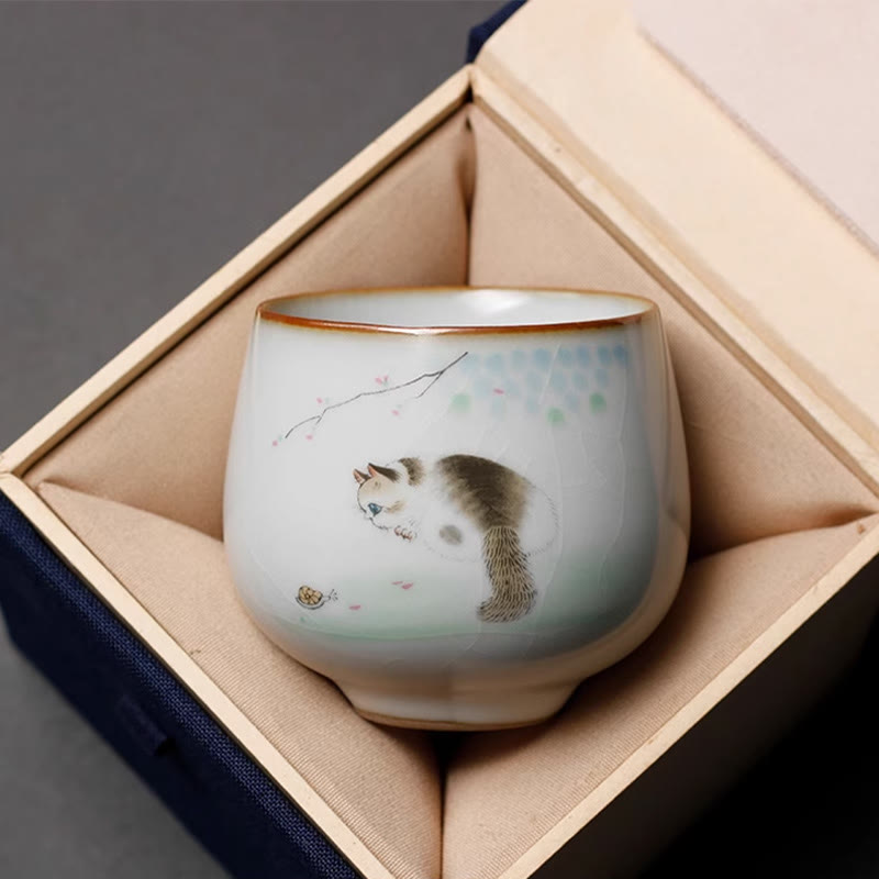 Buddha Stones Cute Cat Branches Teacup Kung Fu Tea Cup With Gift Box - Playing Cat 5.8cm*6cm*120ml - image 5
