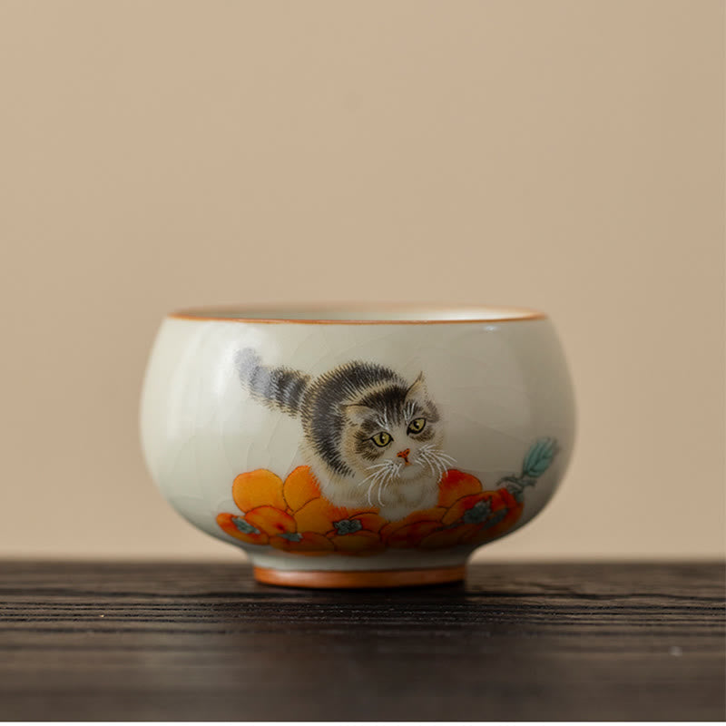 Buddha Stones Cute Persimmon Cat Teacup Kung Fu Tea Cup - Cat 5.7cm*4.2cm*75ml - image 0