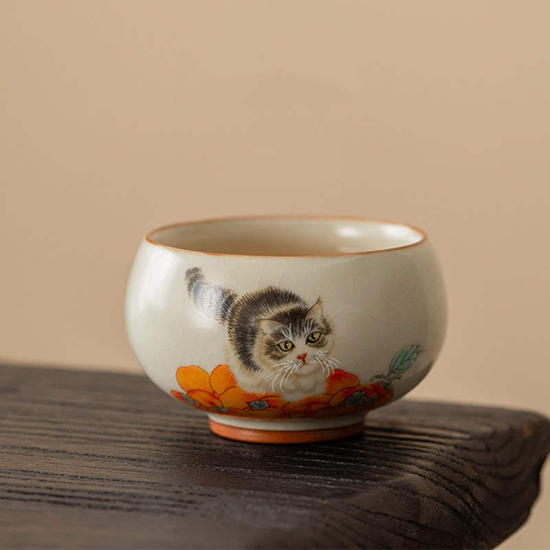 Buddha Stones Cute Persimmon Cat Teacup Kung Fu Tea Cup - image 1