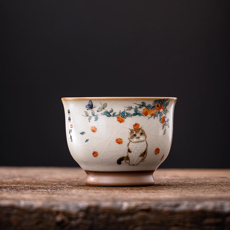 Buddha Stones Cute Cat Butterfly Teacup Kung Fu Tea Cup - Cat 2.95in*2.20in*3.9oz(7.5cm*5.6cm*115ml) - image 6