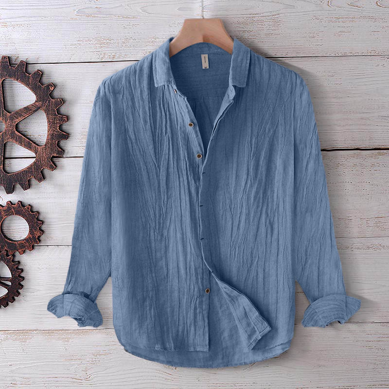 Buddha Stones Men's Shirt Solid Color Lapel Top Short Sleeve Comfy Button Crease Cotton Linen Shirt - Long Sleeve - CornflowerBlue - US/UK/AU50,EU60 (5XL) - image 15