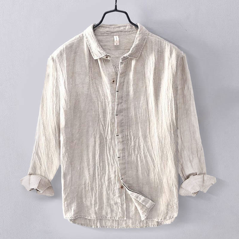 Buddha Stones Men's Shirt Solid Color Lapel Top Long Sleeve Comfy Button Crease Cotton Linen Shirt - Beige - US/UK/AU50,EU60 (5XL) - image 14