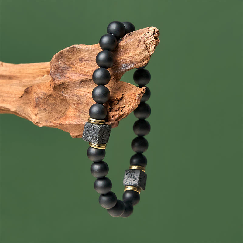 Buddha Stones Natural Frosted Black Onyx Square Lava Rock Fortune Bracelet - image 3