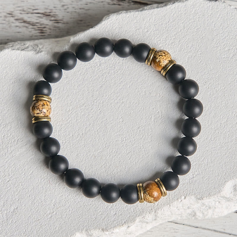 Buddha Stones Natural Frosted Black Onyx Picture Jasper Fortune Bracelet - image 1