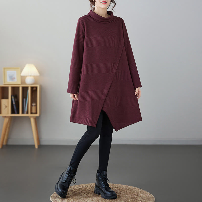 Buddha Stones Winter Irregular Hem Design Mock Neck Cotton Long Sleeve Midi Dress With Pockets - image 5