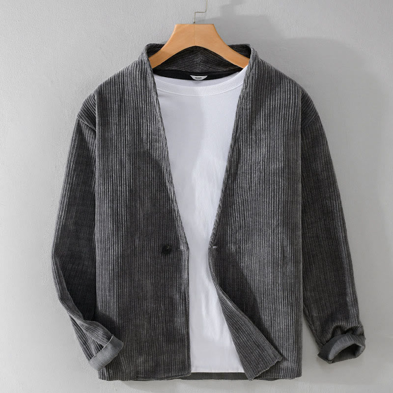 Buddha Stones Commute V-neck Simple Ribbed Texture Design Long Sleeve Men's Jacket - SlateGray - US/UK/AU42,EU52 (3XL) - image 0