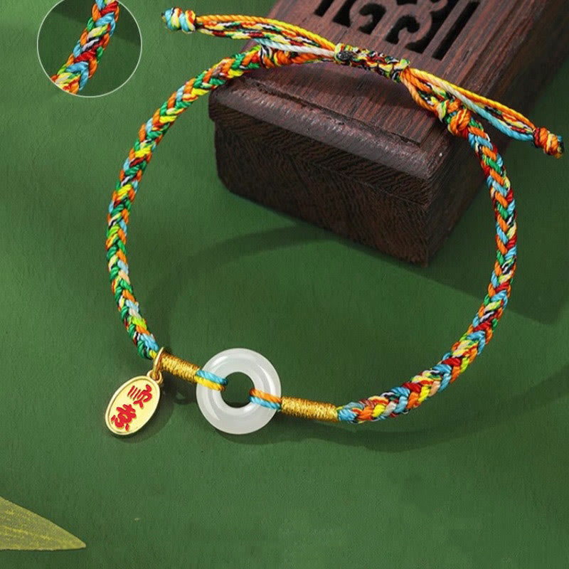 Buddha Stones Handmade Peace Buckle Jade Prosperity 925 Sterling Silver Colorful Rope Bracelet - image 2