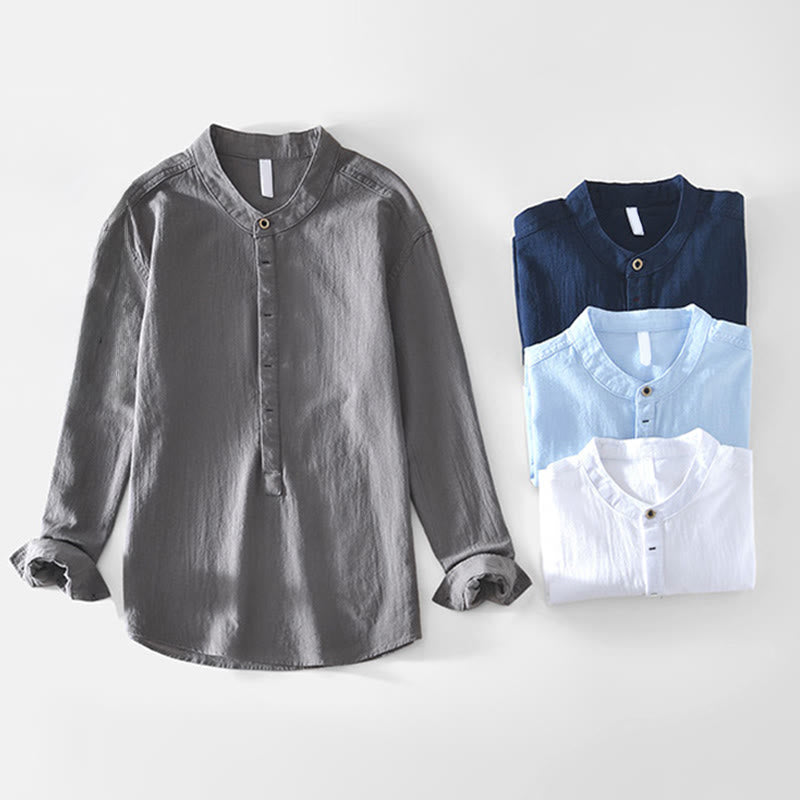 Buddha Stones Spring Fall Solid Long Sleeve Half Button Cotton Men's Shirts - image 4