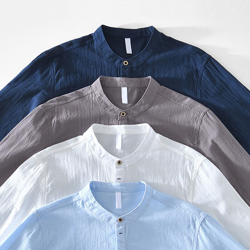 Buddha Stones Spring Fall Solid Long Sleeve Half Button Cotton Men's Shirts - image 9