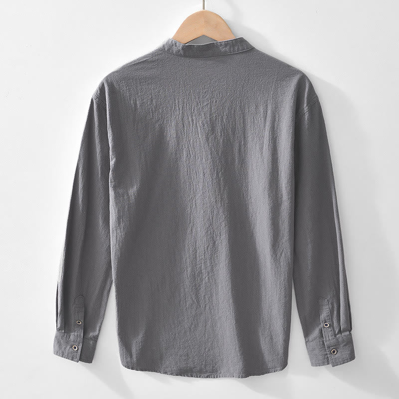 Buddha Stones Spring Fall Solid Long Sleeve Half Button Cotton Men's Shirts - image 13