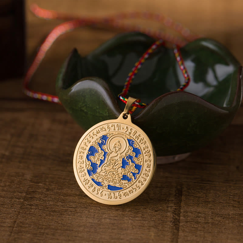 Buddha Stones Blue Medicine Buddha Heart Mantra Titanium Steel Faith Colored Rope Necklace Pendant - Golden - image 0