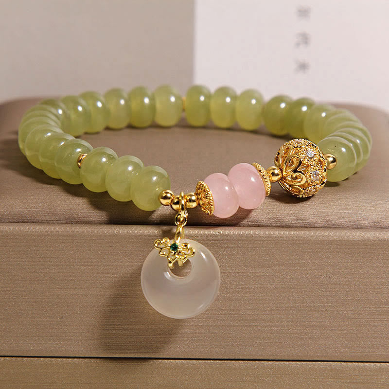 Buddha Stones Natural Peace Buckle Meaning Jade Rose Quartz Luck Bracelet - Jade(Wrist Circumference:15-17cm) - image 0