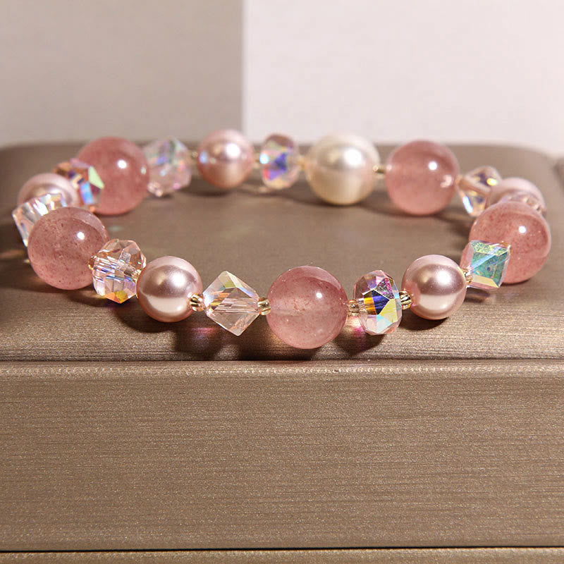 Buddha Stones Natural Strawberry Quartz White Crystal Pearl Positive Bracelet - image 1