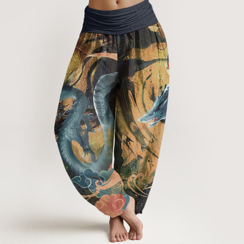 Buddha Stones Pure Cotton Dragon Auspicious Clouds Pattern Women's Elastic Waist Harem Pants - MidnightBlue - US22,UK/AU26,EU54 (6XL) - image 8