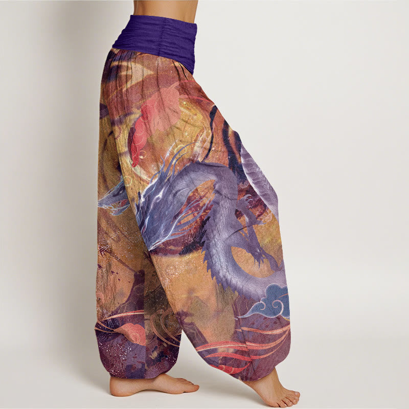 Buddha Stones Pure Cotton Dragon Auspicious Clouds Pattern Women's Elastic Waist Harem Pants - image 7