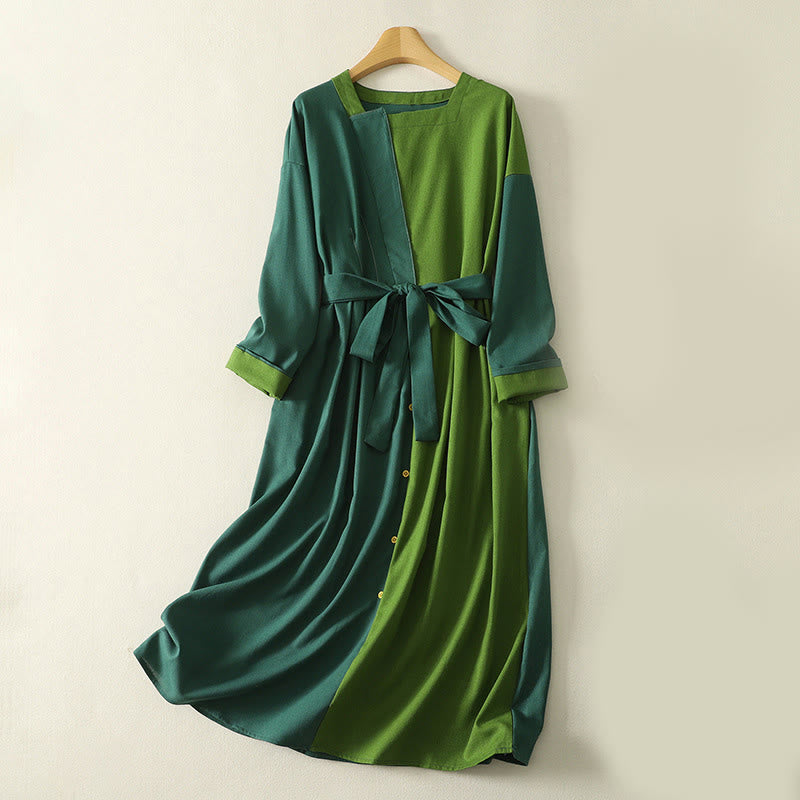 Buddha Stones Patched Color Block Desgin Cotton Women's Long Sleeve Midi Dress With Pockets - DarkGreen - US8-10,UK/AU12-14,EU40-42 (2XL) - image 0