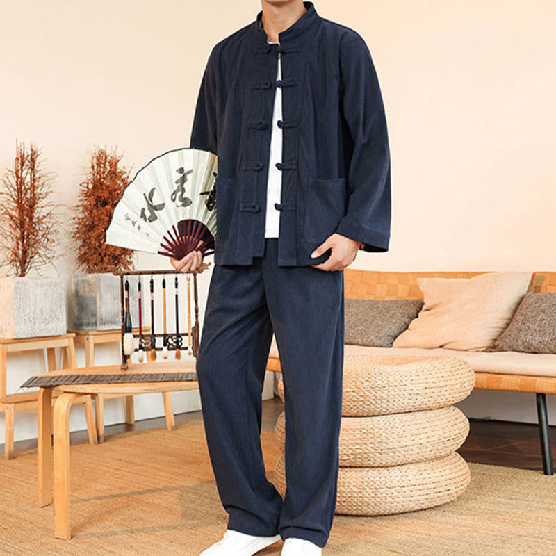 Buddha Stones 2pcs Plain Men's Frog-button Long Sleeve Shirt Pants Cotton Corduroy Set With Pockets - image 34