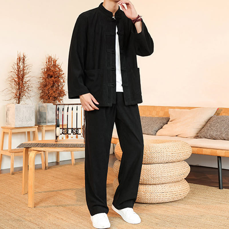 Buddha Stones 2pcs Plain Men's Frog-button Long Sleeve Shirt Pants Cotton Corduroy Set With Pockets - image 25