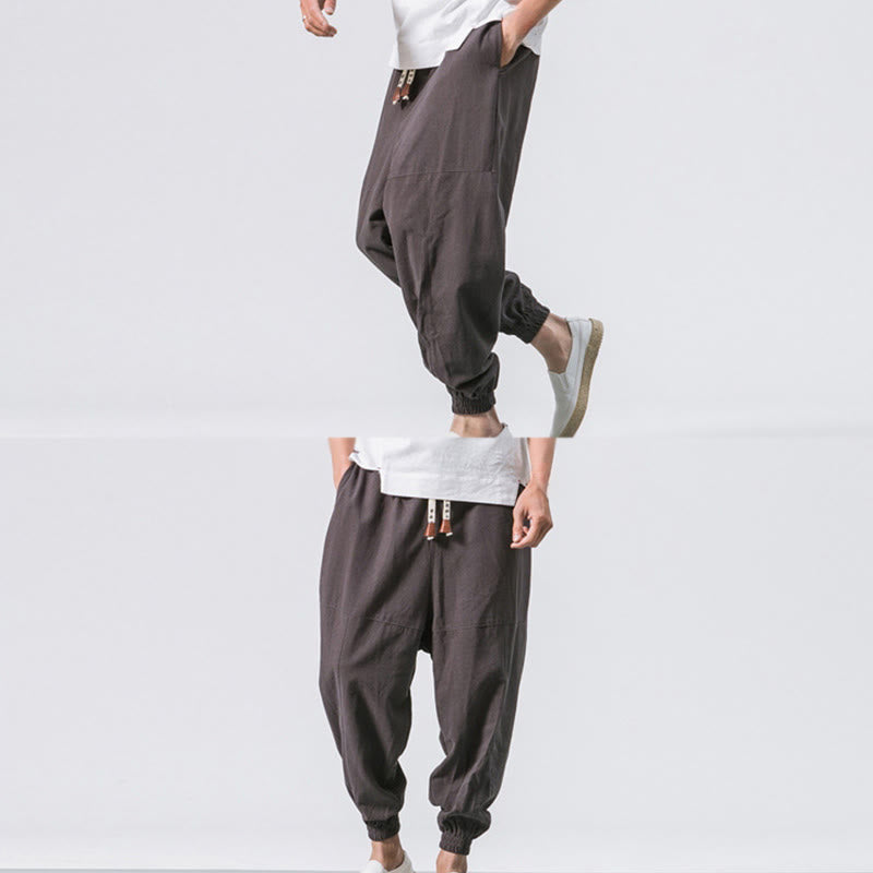 Buddha Stones Men's Plain Simple Drawstring Design Cotton Harem Pants With Pockets - image 6