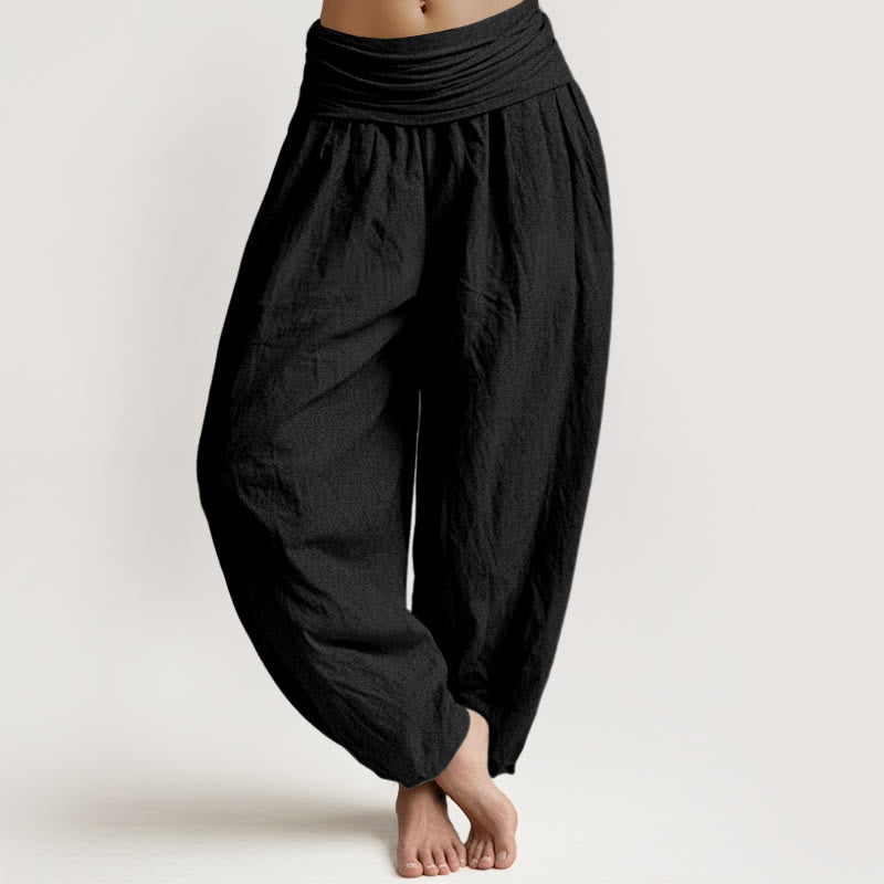 Buddha Stones Pure Cotton Plain Black Women's Elastic Waist Harem Pants - Black - US16,UK/AU20,EU48 (3XL) - image 0