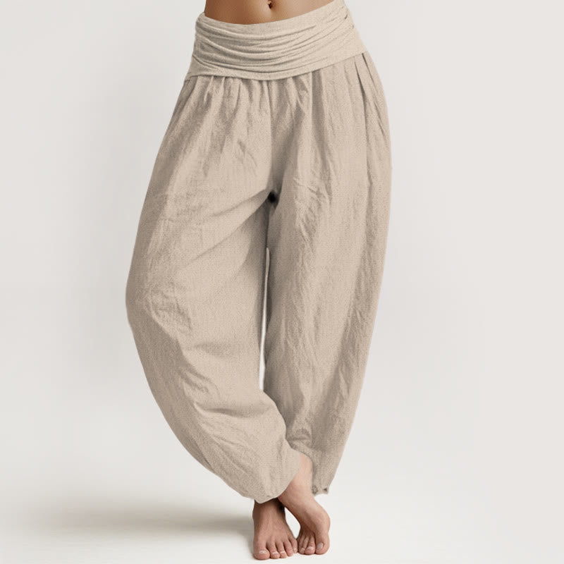 Buddha Stones Solid Tan Color Women's Elastic Waist Harem Pure Cotton Pants - Tan - US16,UK/AU20,EU48 (3XL) - image 0