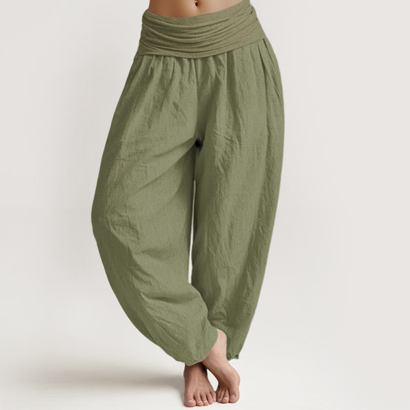 Buddha Stones Solid Olivedrab Women's Elastic Waist Harem Pure Cotton Pants - OliveDrab - US16,UK/AU20,EU48 (3XL) - image 0