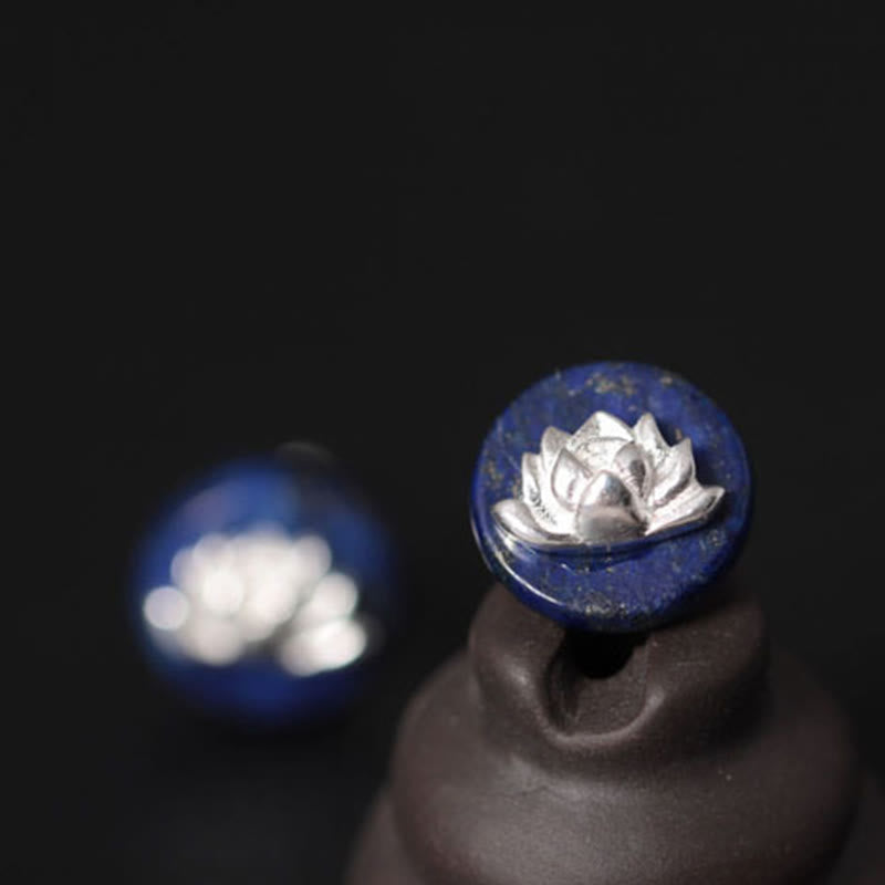 Buddha Stones Lazurite 925 Sterling Silver Lotus Pattern Enlightenment Earrings - image 9