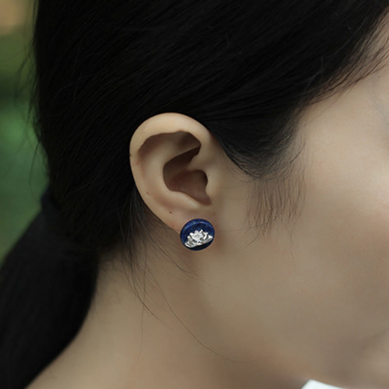 Buddha Stones Lazurite 925 Sterling Silver Lotus Pattern Enlightenment Earrings - image 4