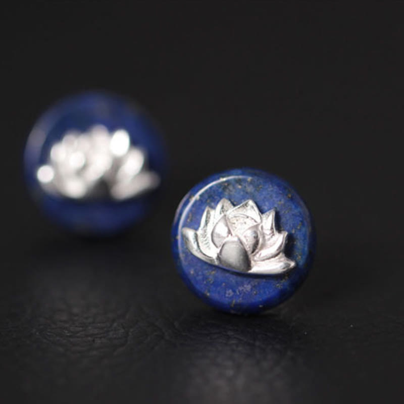 Buddha Stones Lazurite 925 Sterling Silver Lotus Pattern Enlightenment Earrings - image 8