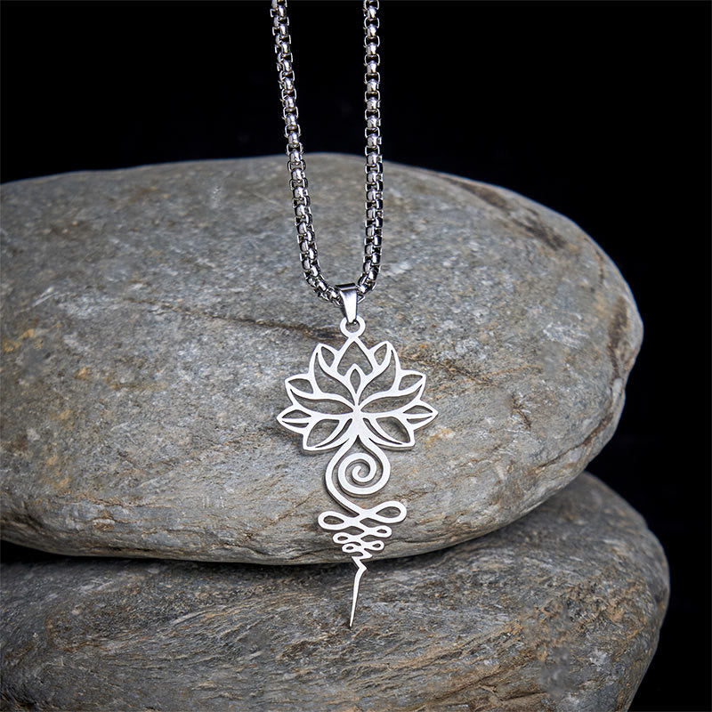Buddha Stones Lotus Unalome Chakra Symbol Design Stainless Steel Enlightenment Necklace Pendant - Silver - image 0