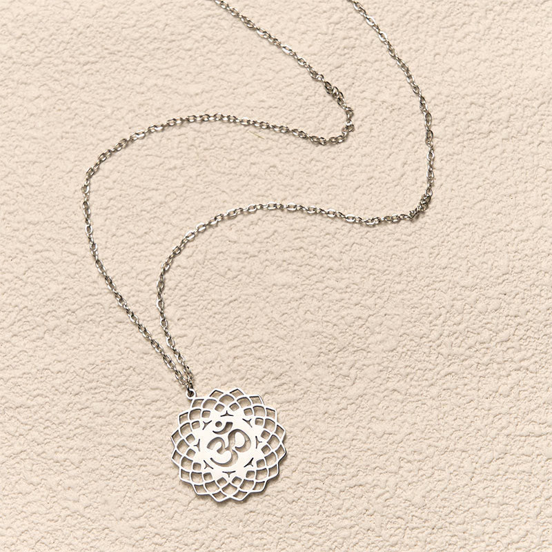 Buddha Stones Hollow Lotus Design Om Symbol Stainless Steel Connection Necklace Pendant - image 12