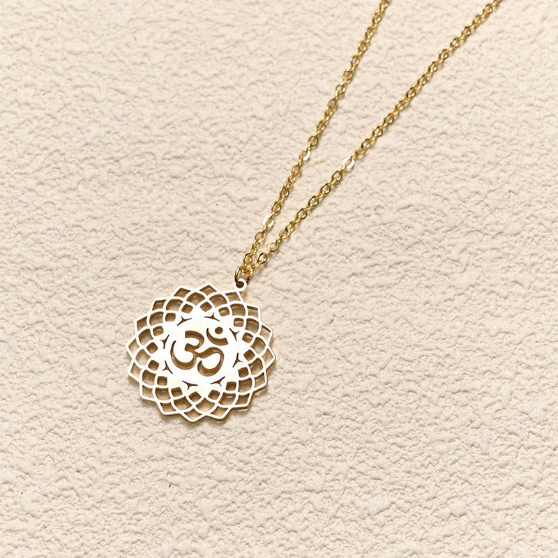 Buddha Stones Hollow Lotus Design Om Symbol Stainless Steel Connection Necklace Pendant - image 3
