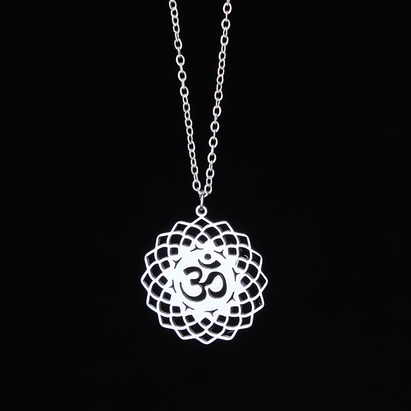 Buddha Stones Hollow Lotus Design Om Symbol Stainless Steel Connection Necklace Pendant - image 10