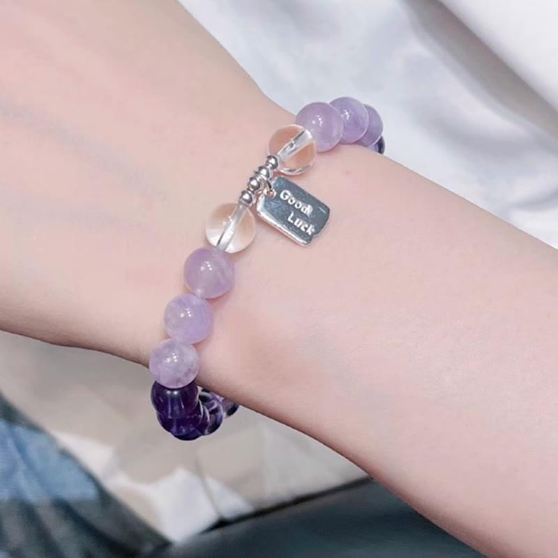 Buddha Stones Amethyst Rose Quartz Strawberry Quartz Good Luck Charm Bracelet - image 9