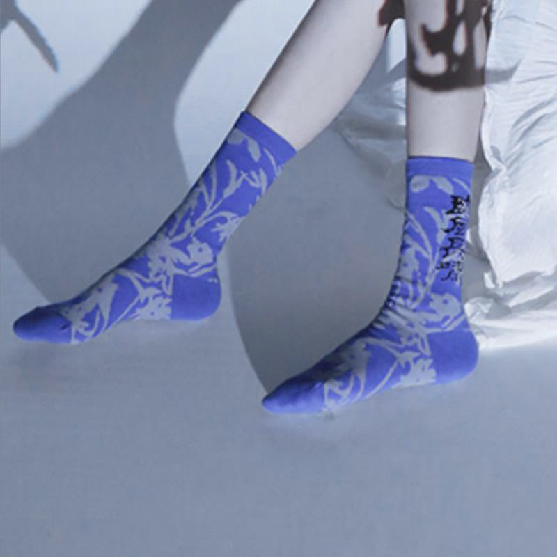 Buddha Stones Chinese Calligraphy Floral Design Micro Crew Women Cotton Socks - image 26