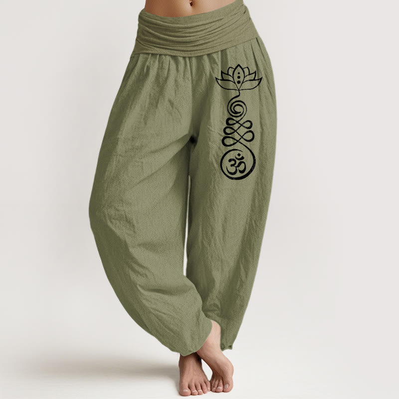 Buddha Stones Plain Lotus Om Pattern Women's Elastic Waist Harem Cotton Pants - OliveDrab - US22,UK/AU26,EU54 (6XL) - image 0
