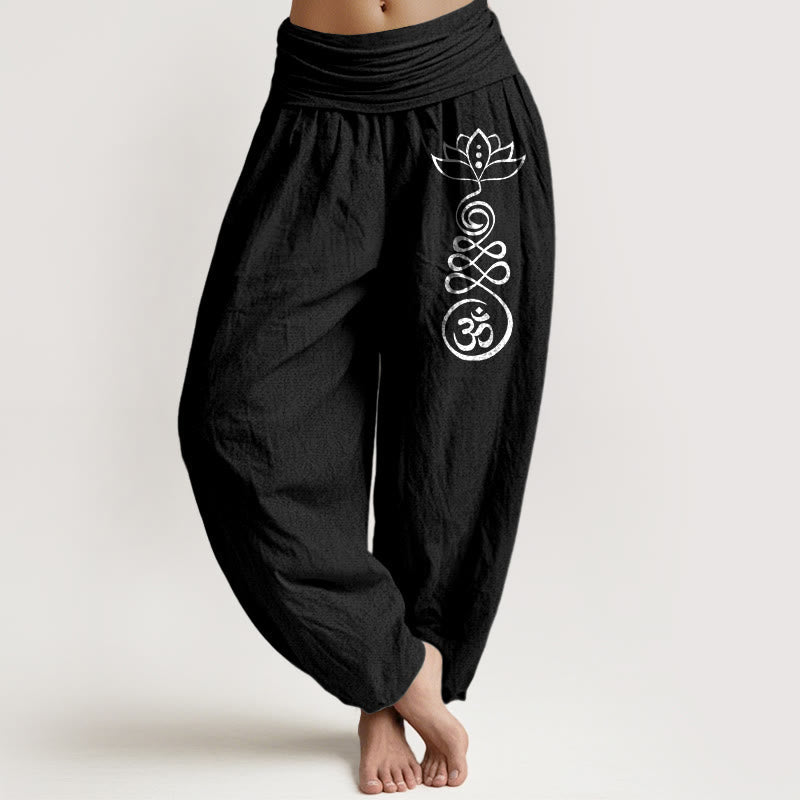 Buddha Stones Plain Lotus Om Pattern Women's Elastic Waist Harem Cotton Pants - Black - US22,UK/AU26,EU54 (6XL) - image 5